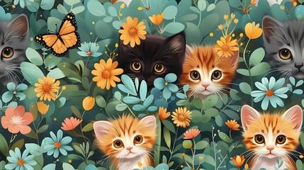 Wall Mural - A seamless pattern of playful cartoon kittens chasing after butterflies in a sunny garden, vibrant greens and yellows, detailed fur and flower textures, soft lighting, hd quality, natural look.