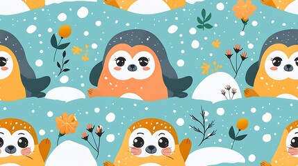 Wall Mural - A seamless pattern of playful cartoon seals and penguins having a snowball fight, set against a backdrop of snowdrifts and icebergs, bright whites and blues, dynamic poses, hd quality, natural look.