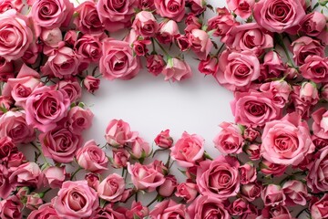 Wall Mural - With pink roses on a white background with space for text or message, this flat lay composition includes pink rose flowers and leaves on a white background.