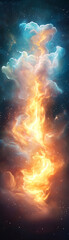 Wall Mural - a colorful, fiery cloud in space with a blue and white background. the fire is orange and yellow, an