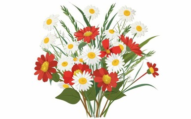 Wall Mural - The illustration features red, yellow, white, and blue flowers of different types and colors.