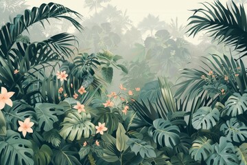 Canvas Print - Decorative mural photo wallpaper jungle and graceful leaves tropical forest vintage background graphics painting art card poster print interior. AI generated.