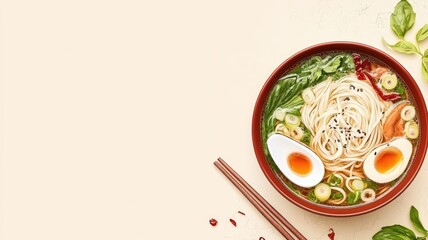 Wall Mural - Asian noodle soup with greens and soft-boiled egg in a red bowl on a light background, perfect for a food-themed banner.