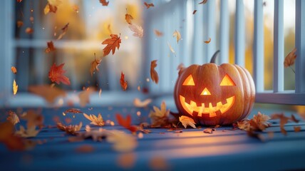 Wall Mural - A Jack-o'-lantern sitting on a porch with autumn leaves falling around it, creating a festive Halloween atmosphere.