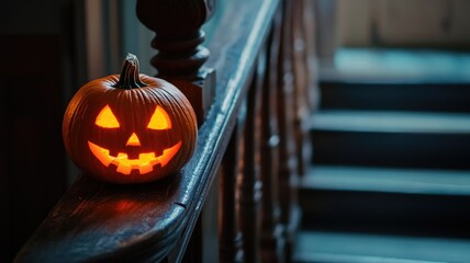 Wall Mural - A glowing Jack-o-lantern placed on a wooden staircase railing, creating a spooky yet cozy Halloween atmosphere.