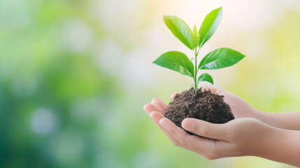 A person is holding a small plant in their hands. The plant is surrounded by dirt and he is a seedling. Concept of nurturing and growth, as the person is taking care of the plant