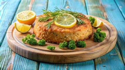 Freshly baked crispy salmon cake garnished with aromatic dill and lemon wedges on a rustic wooden platter against a light blue background.