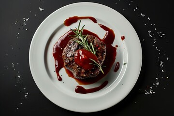 On a solid background of white, a steak with spices and sauce is shown