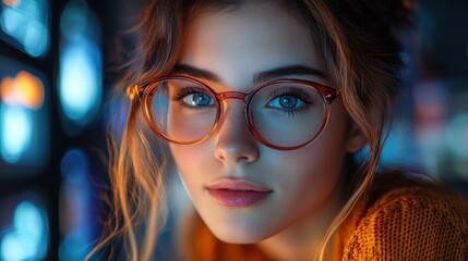 Poster - Closeup Portrait of a Young Woman with Blue Eyes and Glasses