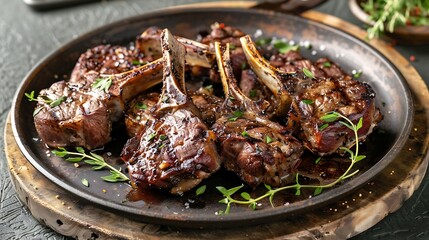 Wall Mural - Plate with tasty lamb ribs on dark background