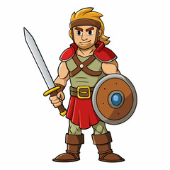 Heroic Warrior A Realistic Depiction with Sword and Shield on a White Background art vector illustration