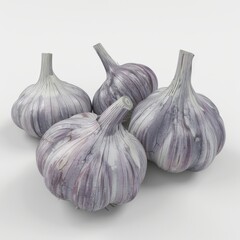 Peeled cloves of garlic on a solid white background