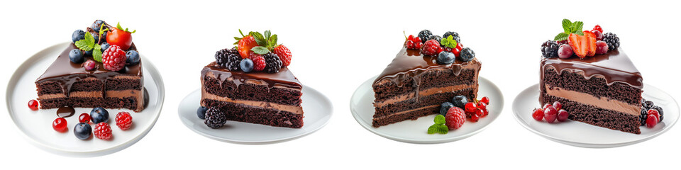 Untitled design - Set of a Chocolate cake slice with delicious glaze and fresh berries on a white plate, isolated on transparent background. (2)