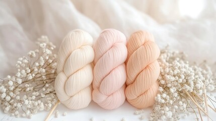 Poster - Three balls of yarn in neutral shades rest beside knitting needles and dried flowers on a bright surface, capturing a serene, minimalistic, boho vibe