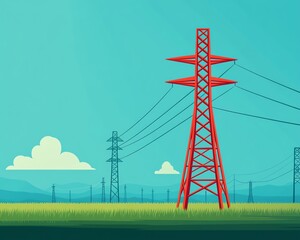 red power line towers against blue sky and green field.