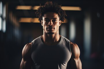 Serious portrait of a athletic crossfit young fitness trainer in gym