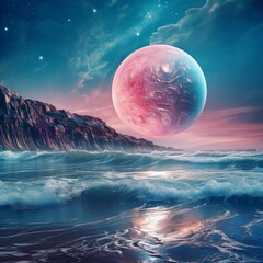 Wall Mural - pink planet over a dreamy ocean: a cosmic landscape