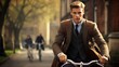 © lolya1988 - A young handsome man rides a vintage bicycle along the street of the old town. The concept of quiet luxury and old money