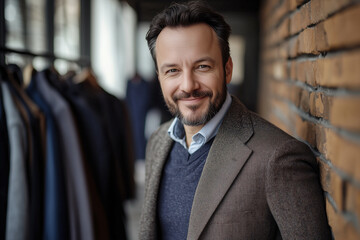 happy, portrait of a businessman in his 40s, looking at the camera, random clothes. modern style