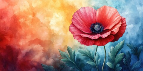 Wall Mural - A Single Red Poppy Flower on an Abstract Watercolor Background