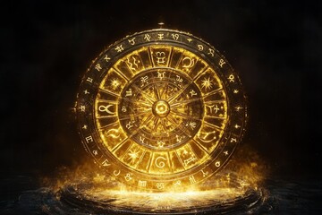 A golden zodiac wheel with all 12 signs