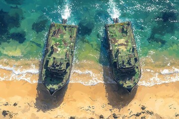 Flat amphibious assault, top view, beach, landing, bright watercolor