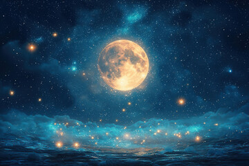 a mesmerizing starry night with a huge glowing full moon