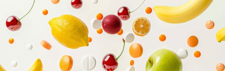 Banner with Vitamin pills and fruits are flying into a white plate. Concept of healthy eating.