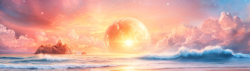 Wall Mural - A beautiful sunset with a large glowing ball in the sky. The sky is filled with clouds and the ocean is calm