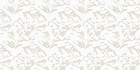 Wall Mural - Seamless french gender neutral floral linen printed fabric border background. Light mottled white on grey cottage core block print pattern. Shabby chic woven duotone cloth effect. 