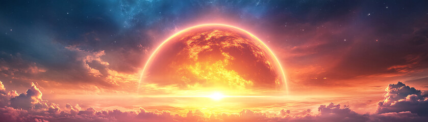 Wall Mural - A large red moon is in the sky with a bright yellow sun. The sky is filled with clouds and the colors are vibrant. Concept of wonder and awe at the beauty of the universe