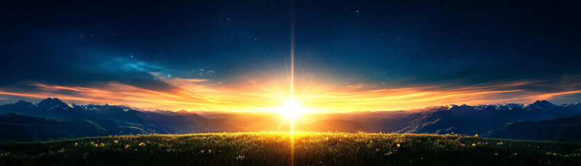 Wall Mural - A beautiful sunset with a bright sun in the sky. The sky is filled with stars and the grass is green