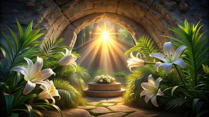 Wall Mural - Glowing light bursts from empty tomb, surrounded by lilies and palm fronds, symbolizing hope, renewal, and eternal life in Christian faith and Easter celebration.