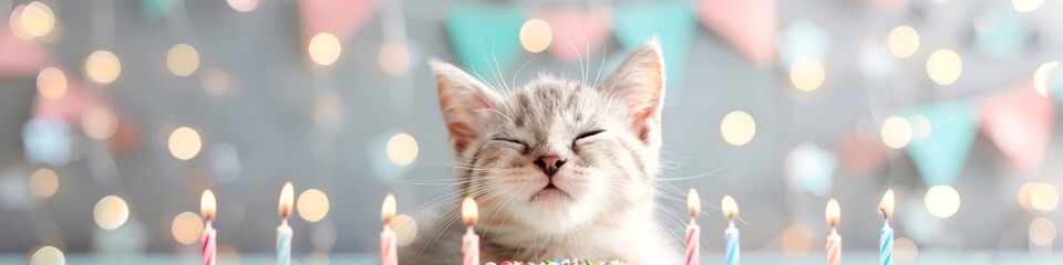 Adorable White Kitten Blowing Out Birthday Candles in a Cozy, Festive Room Filled with Confetti and Streamers