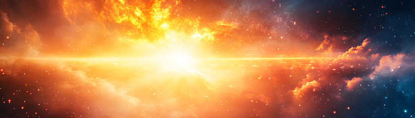 Wall Mural - a bright yellow sun is shining in the sky, surrounded by clouds. the sky is filled with stars and th