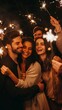 © liliyabatyrova - A joyful group of friends enjoys a night celebration with sparklers, laughing and embracing each other in a warm atmosphere