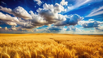 Golden wheat fields stretch to the horizon under a bright blue sky with puffy white clouds in rural Kansas during a sunny summer afternoon.