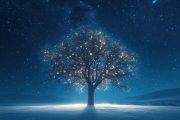 Canvas Print - A Lone Tree Illuminated by Starlight