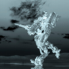 Sticker - combat mech is marching on desert after rain