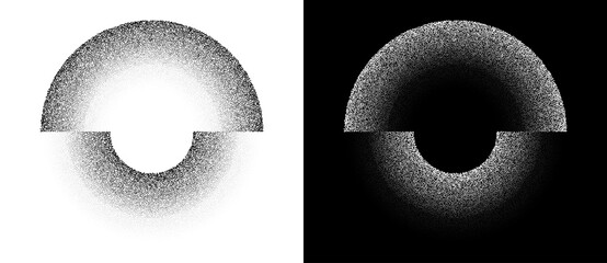 Canvas Print - Stipple effect semicircles as icon or background. Abstract vector with random dots as logo or sun concept. Black shape on a white background and the same white shape on the black side.