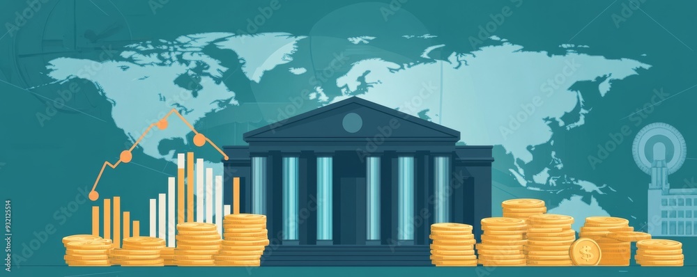 Illustration of a bank building with world map, coins, and financial ...