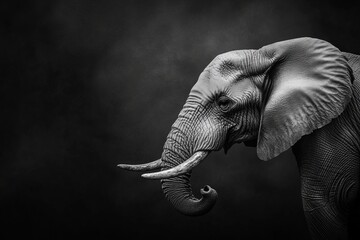 A black and white portrait of an elephant showcasing its majestic features.