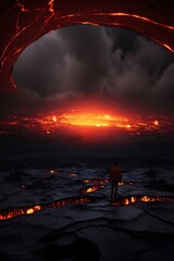 Wall Mural - A lone figure stands on a volcanic landscape