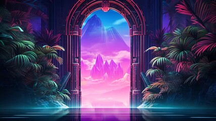 Aufkleber - Mysterious door or portal with neon light in the jungle in synthwave style