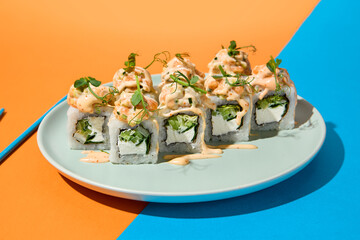 Sticker - Salmon Tartare and Cucumber Sushi Rolls on Vibrant Background