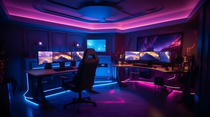 Poster - a high-tech gaming room with immersive technology and modern entertainment systems