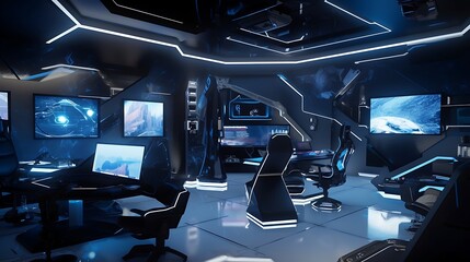 Poster - a high-tech gaming room with immersive technology and modern entertainment systems