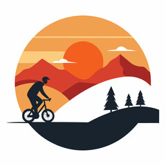 minimalist vector design lone biker on mountain trail at sunset art vector illustration