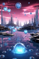 Wall Mural - surreal landscape with glowing bubbles and crystal spires