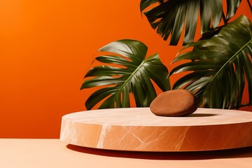 Wall Mural - Minimalist Product Display with Tropical Leaves and Stone